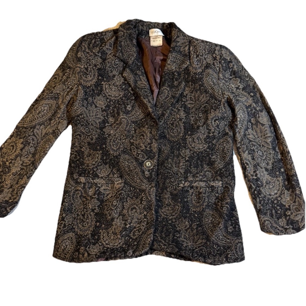 CLICHY Vintage Women’s Paisley Button Blazer Jacket Black Brown Dark Academia, 8